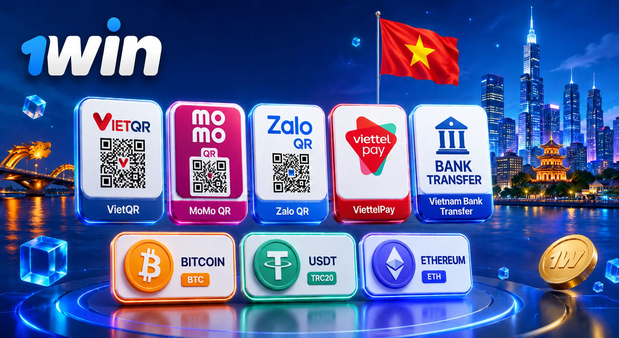 Phương thức nạp và rút tiền 1win tại Việt Nam với VietQR, MoMo QR, Zalo QR, ViettelPay, chuyển khoản ngân hàng và tiền điện tử