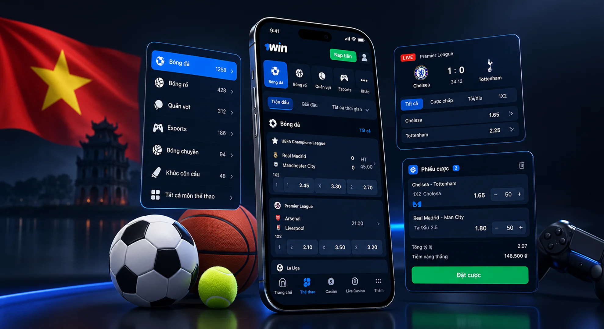 Ứng dụng cá cược 1win Vietnam với bóng đá bóng rổ quần vợt eSports và live betting
